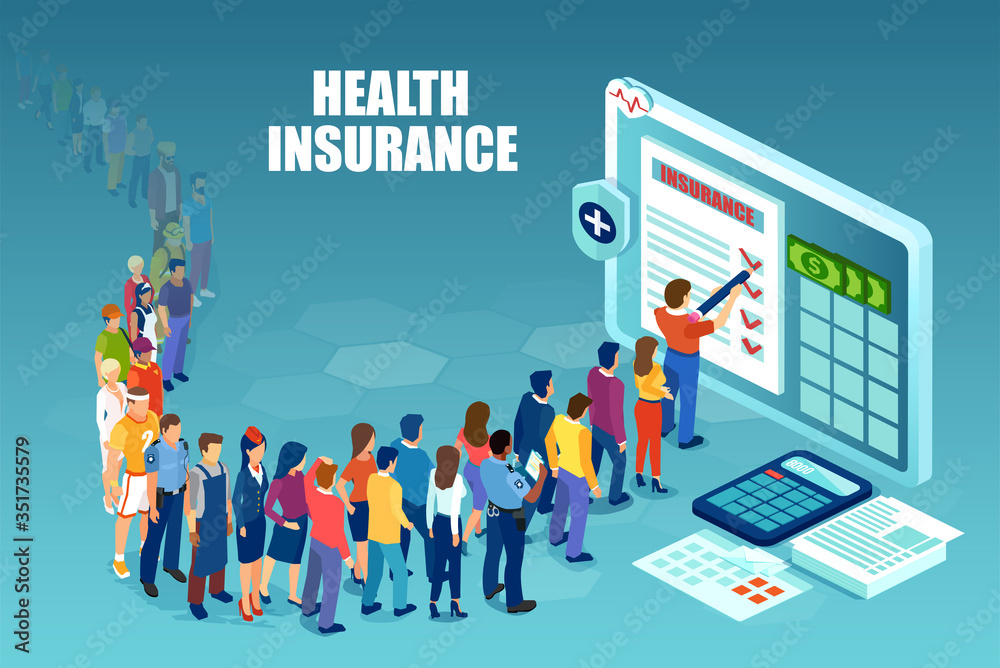Vector of diverse people waiting in line to fill out online health insurance contract Vector of diverse people waiting in line to fill out online health insurance contract