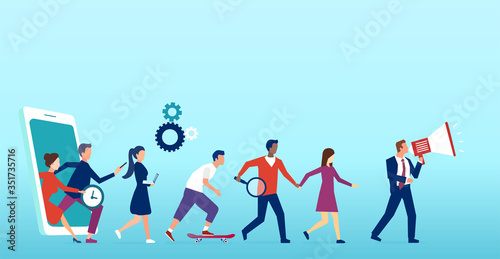 Vector of a group of people holding hands and walking out of smartphone.