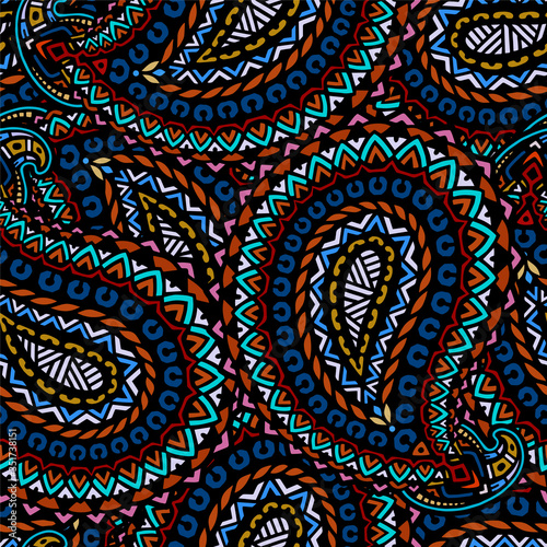 Seamless pattern based on traditional oriental paisley elements, Indian, Turkish, Persian cucumber. Suitable for textiles, fabrics, wallpapers, wrapping paper. Vector illustration.
