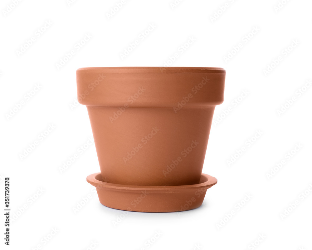 Stylish terracotta flower pot with saucer isolated on white