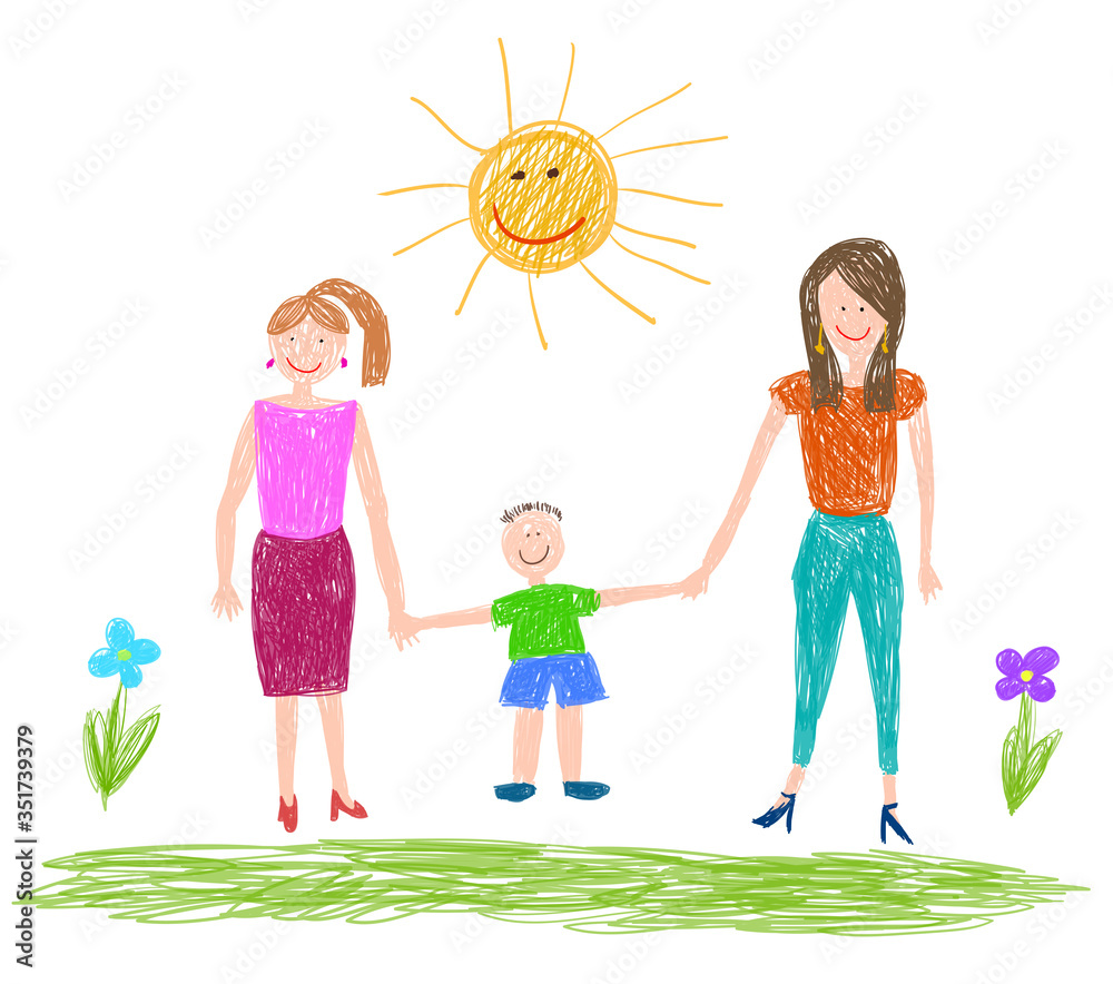 Lgbt family. Children's drawing. Two happy women with boy. Vector illustration. Lgbt family. Children's drawing. Two happy women with boy. Vector illustration.