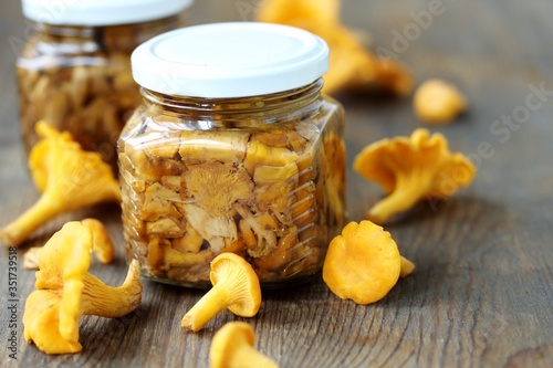 canned chanterelle mushrooms in oil. mushrooms conservation for the winter