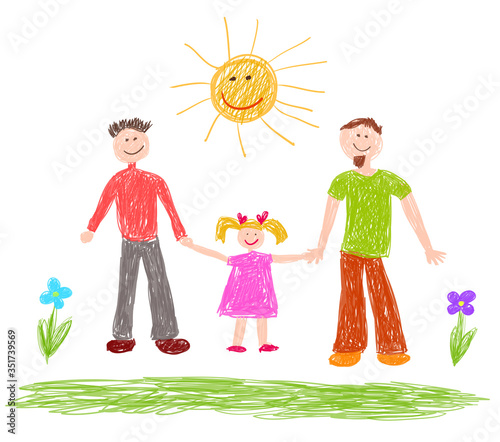 Lgbt family. Children's drawing. Ywo happy men with girl. Vector illustration.