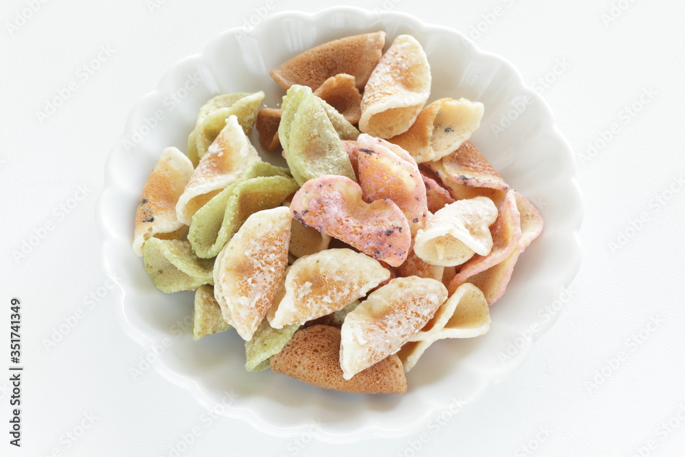Japanese food, colorful sweet cracker on dish Japanese food, colorful sweet cracker on dish