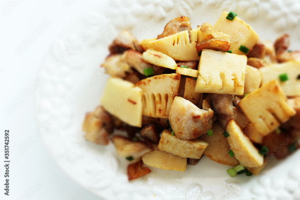 Chicken and bamboo shoots stir fried with copy space 