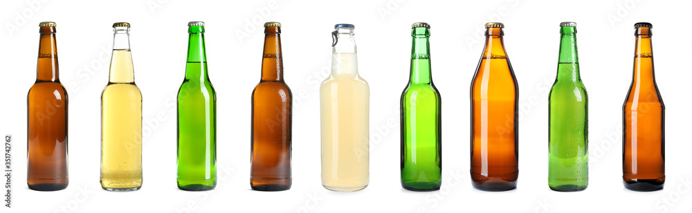 Set with different bottles of beer on white background, banner design Set with different bottles of beer on white background, banner design