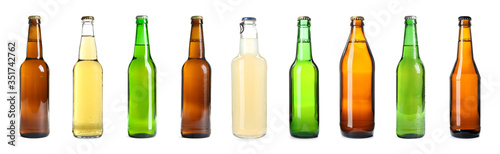 Set with different bottles of beer on white background  banner design