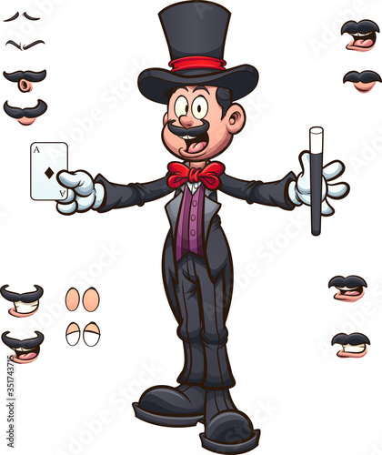Cartoon stage magician with different expressions. Vector cartoon clip art illustration with simple gradients. Some elements on separate layers.
