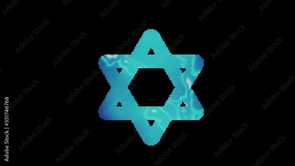 The symbol star of david is assembled from small balls. Then it shimmers with blue. It crumbles and disappears. In - Out loop. Alpha channel