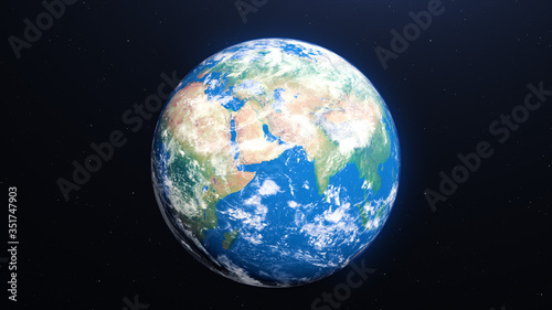 Fototapeta Naklejka Na Ścianę i Meble -  Planet earth globe at night. Highly detailed. Elements of this image furnished by NASA. Night sky with stars and nebula. View from space. Europe, sunrise, space, galaxy, map. 3d render illustration