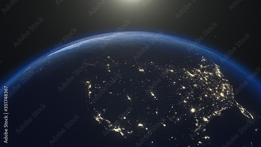 Planet earth globe at night. Highly detailed. Elements of this image furnished by NASA. Night sky with stars and nebula. View from space. Europe, sunrise, space, galaxy, map. 3d render illustration