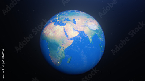 Planet earth globe at night. Highly detailed. Elements of this image furnished by NASA. Night sky with stars and nebula. View from space. Europe, sunrise, space, galaxy, map. 3d render illustration © MIKHAIL