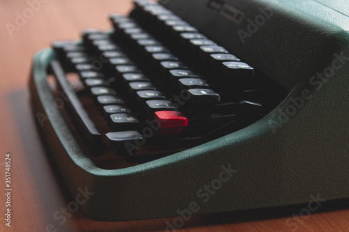 Antique Typewriter. Vintage Typewriter Machine Closeup Photo.