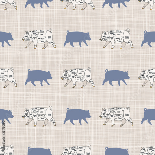 Seamless french farmhouse pig and cut chart pattern. Farmhouse linen shabby chic style. Hand drawn rustic texture background. Country farm kitchen design. Pork meat cut textile all over print