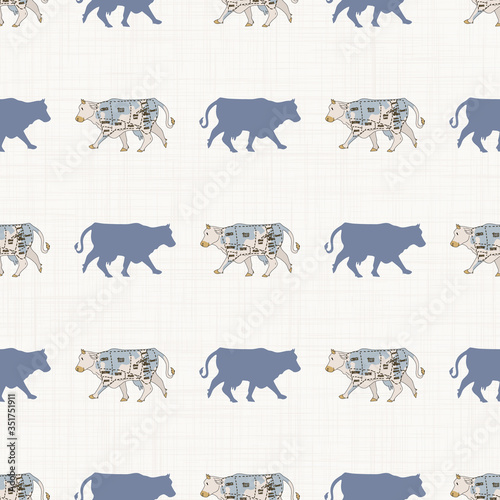 Seamless french farmhouse cow with cut chart silhouette pattern. Farmhouse linen shabby chic style. Hand drawn rustic texture background. Country farm kitchen design. 