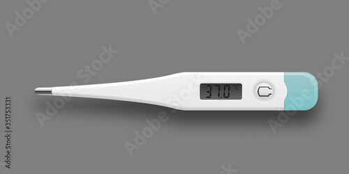 Medical digital thermometer with numbers of 37 degrees. Realistic single object isolated on a gray background.