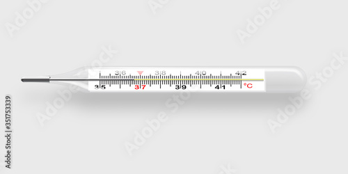 Mercury medical thermometer lies horizontally. Shows normal temperature of 36.6 degrees Celsius. Realistic object isolated on light background.
