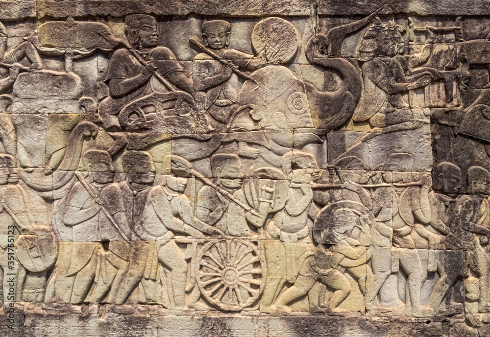 'Khmer army on the march', a scene from a gallery of the Bayon temple in Angkor Thom - Siem Reap, Cambodia