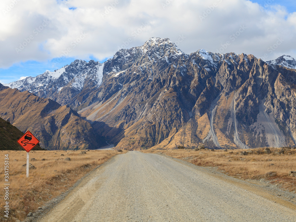 Gravel road leading to Tasman Valley in Aoraki Mount Cook National Park, Canterbury region, South Island, New Zealand. Gravel road leading to Tasman Valley in Aoraki Mount Cook National Park, Canterbury region, South Island, New Zealand.