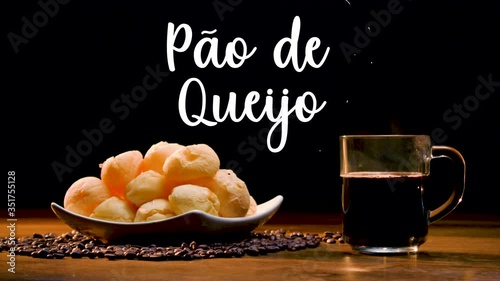 A typical Brazilian food, Pão de queijo. Next to it appears written in Portuguese Pão de queijo photo