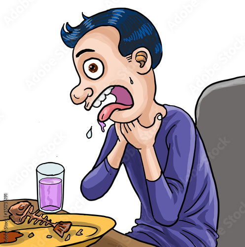 Cartoon Kid choking after eating fish.