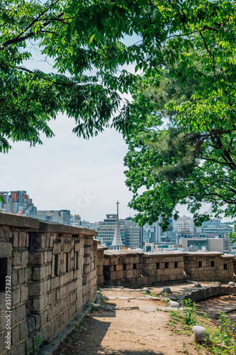Photography Naksan fortress wall road and Seoul cityscape in Seoul, Korea