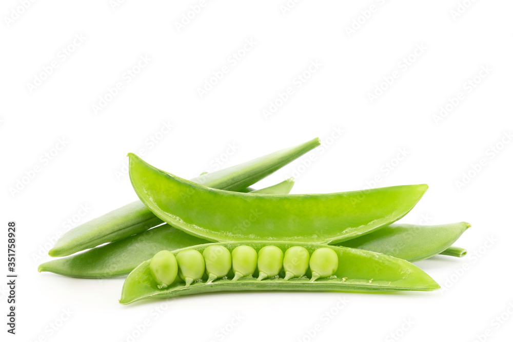 Close up of Fresh green sugar snap peas isolated on white background Close up of Fresh green sugar snap peas isolated on white background