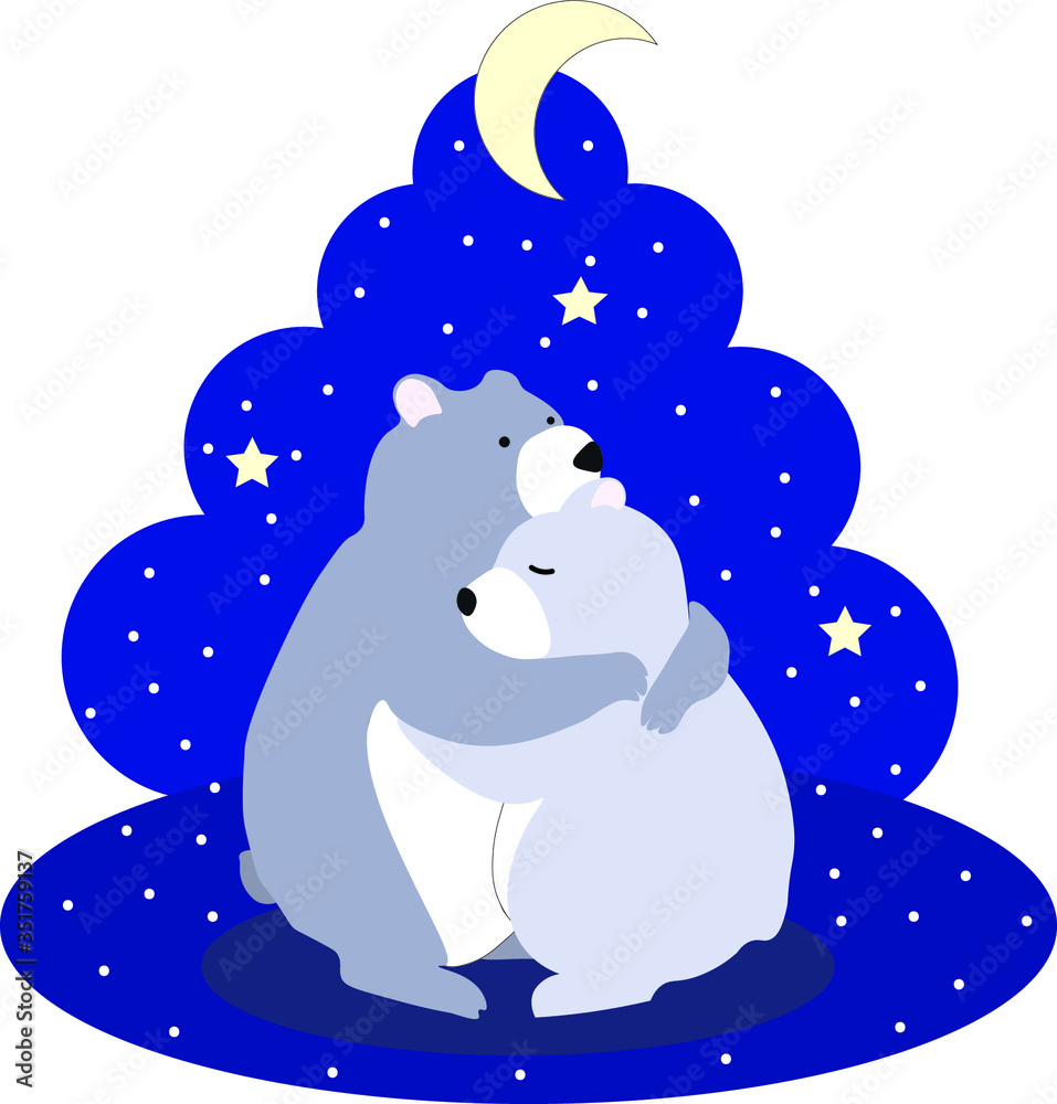 Cute cartoon flat vector hugging bears with snow on a background Cute cartoon flat vector hugging bears with snow on a background