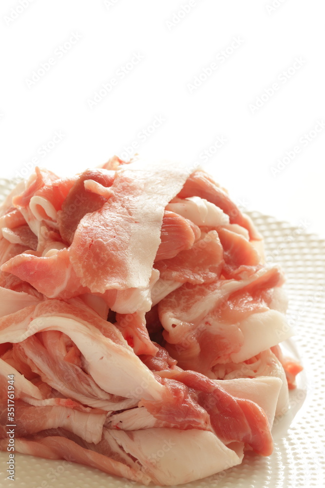 Sliced pork on dish for food ingredient Sliced pork on dish for food ingredient