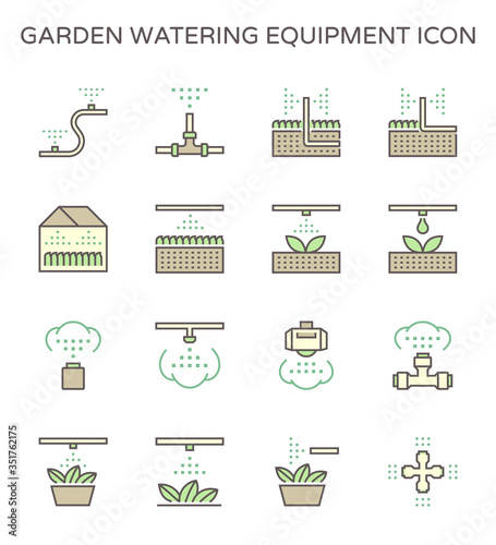 Garden watering equipment and sprinkler icon set for automatic sprinkler system graphic design element, editable stroke.