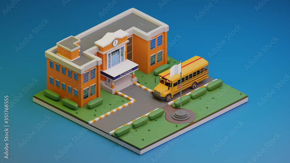 3d render isometric., School and School bus., 3d illustration.