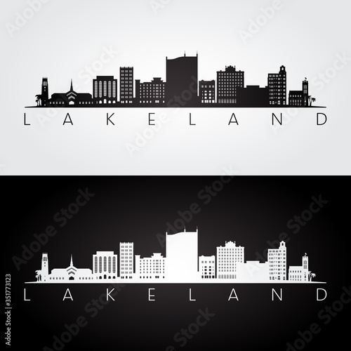 Lakeland, Florida skyline and landmarks silhouette, black and white design, vector illustration. photo