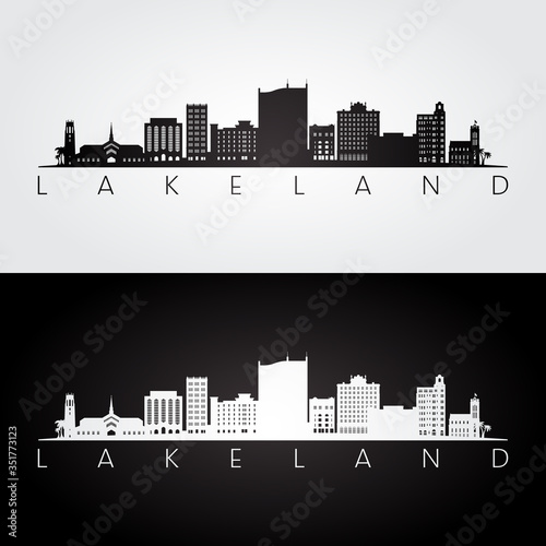 Lakeland, Florida skyline and landmarks silhouette, black and white design, vector illustration.