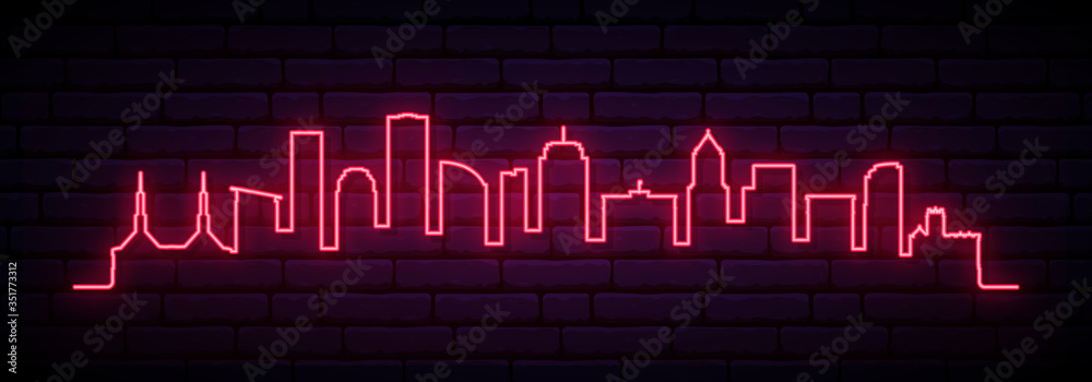 Obraz premium Red neon skyline of Portland city. Bright Portland long banner. Vector illustration.