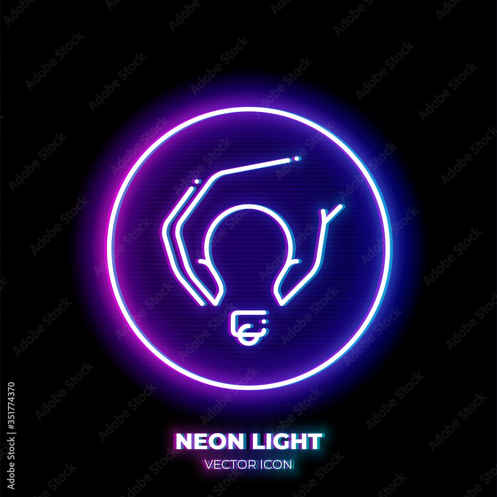 Hand take lightbulb neon light line art vector icon. Outline symbol of idea. Inspiration pictogram made of thin stroke. Isolated on background. Hand take lightbulb neon light line art vector icon. Outline symbol of idea. Inspiration pictogram made of thin stroke. Isolated on background.