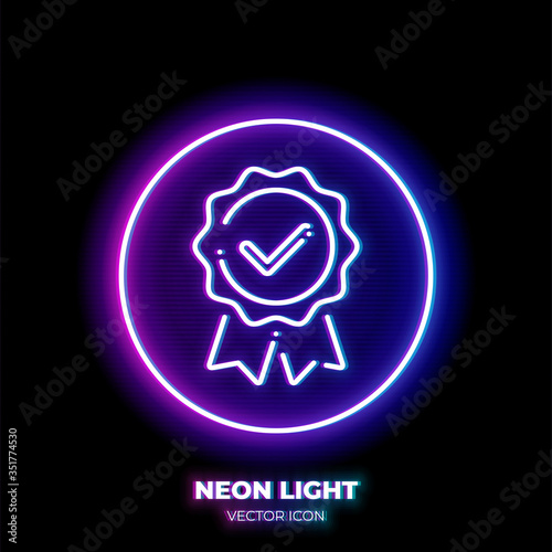 Guarantee neon light line art vector icon. Outline symbol of quality emblem with checkmark. Warranty pictogram made of thin stroke. Isolated on background.