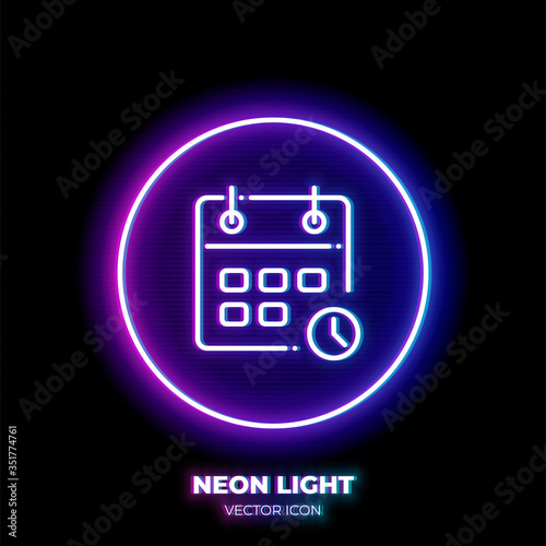 Calendar neon light line art vector icon. Outline symbol of event reminder. Schedule pictogram made of thin stroke. Isolated on background.