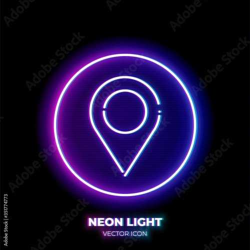 Navigation tag neon light line art vector icon. Outline symbol of position marker. Location pin pictogram made of thin stroke. Isolated on background.