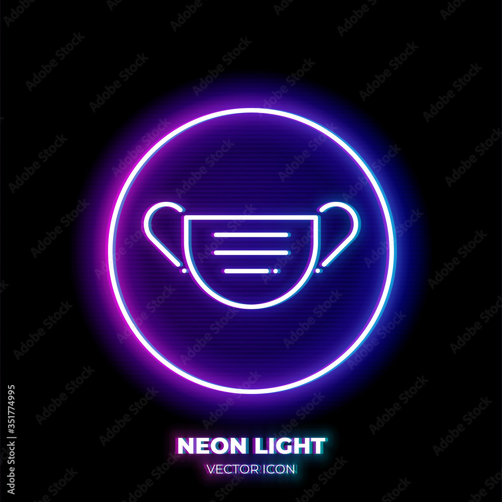 Medical mask neon light line art vector icon. Outline symbol of virus protection equipment. Health care pictogram made of thin stroke. Isolated on background. Medical mask neon light line art vector icon. Outline symbol of virus protection equipment. Health care pictogram made of thin stroke. Isolated on background.