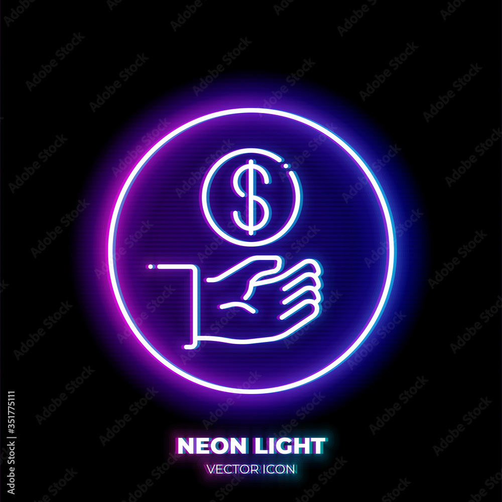 Fotografie Hand with coin neon light line art vector icon