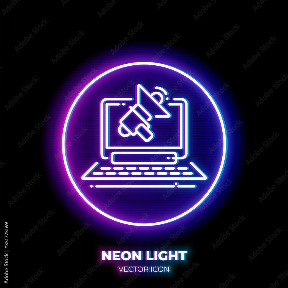 Laptop with loudspeaker neon light line art vector icon. Outline symbol of advertising. Business promotion pictogram made of thin stroke. Isolated on background. Laptop with loudspeaker neon light line art vector icon. Outline symbol of advertising. Business promotion pictogram made of thin stroke. Isolated on background.