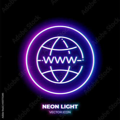 Globe with www on it neon light line art vector icon. Outline symbol of internet. Network technology pictogram made of thin stroke. Isolated on background.