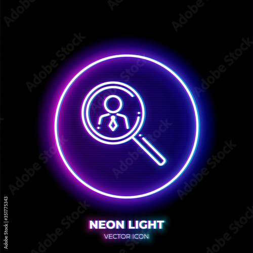 Magnifying glass with human figure neon light line art vector icon. Outline symbol of people search. Recruitment pictogram made of thin stroke. Isolated on background.