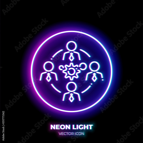 Business teamwork neon light line art vector icon. Outline symbol of people group around gears. Cooperation pictogram made of thin stroke. Isolated on background.