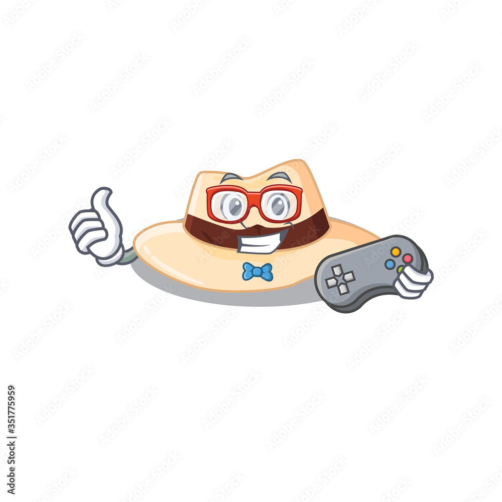 Mascot design style of panama hat gamer playing with controller Mascot design style of panama hat gamer playing with controller