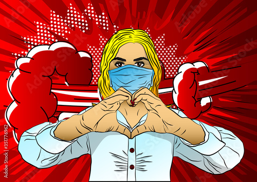 Pop Art Young pretty woman wearing face mask and doing a love sign with her hands - comic book style, cartoon vector illustration.