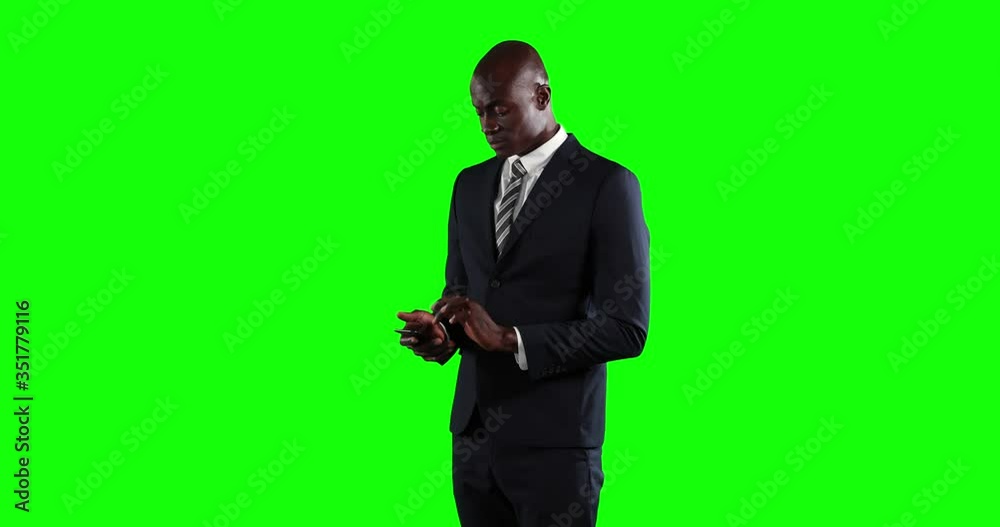 Animation of African American man in suit using a phone in green background Animation of African American man in suit using a phone in green background