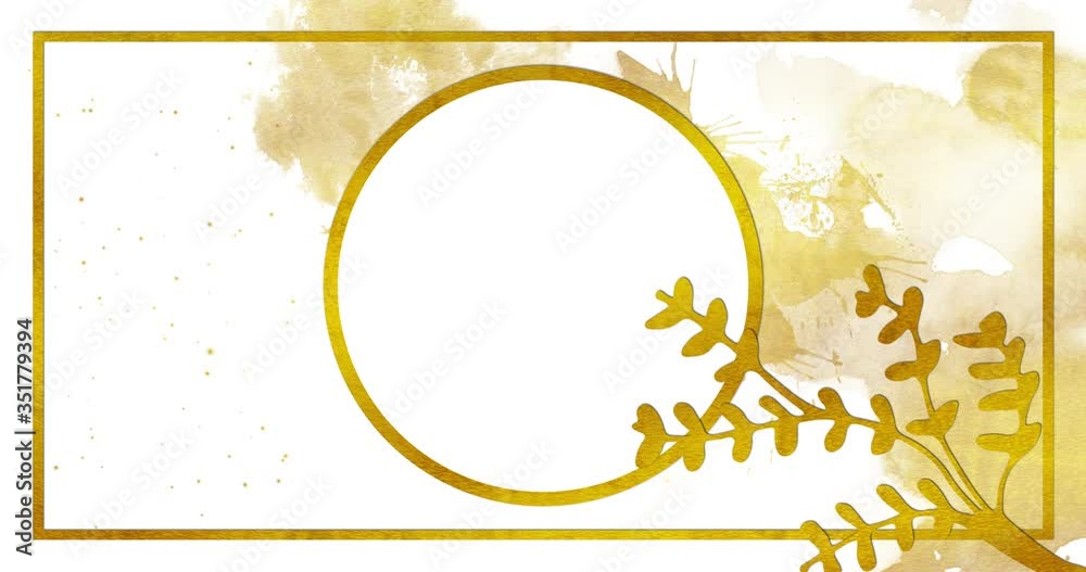 Animation of a gold frame with a gold circle in the center and plants