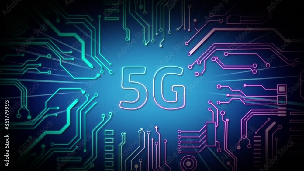 Animation of a word 5G and microprocessor connections on blue background