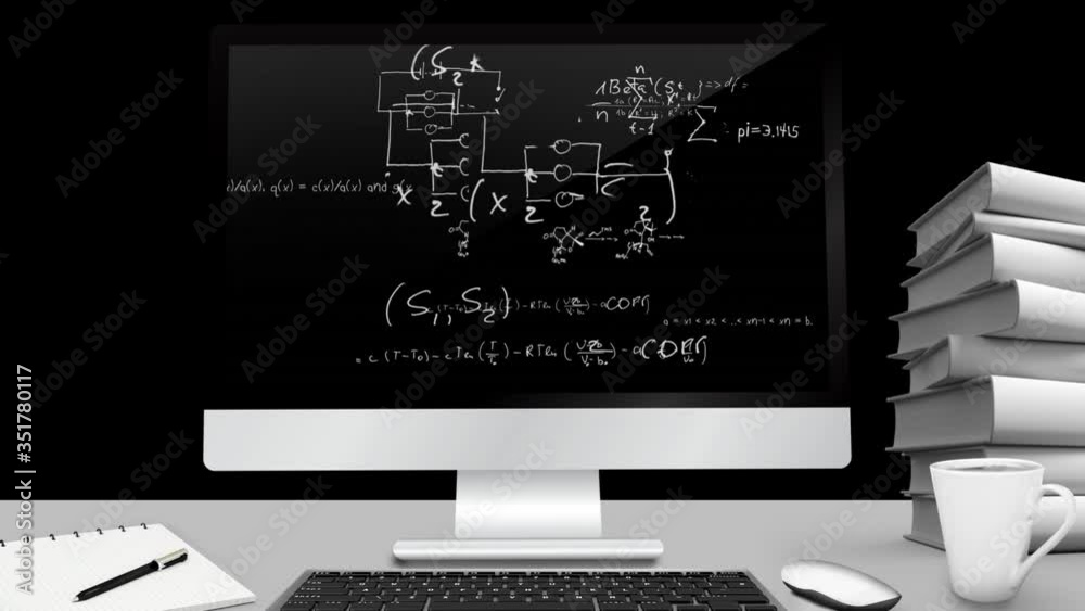 Animation of a computer monitor with mathematics equations floating on the screen